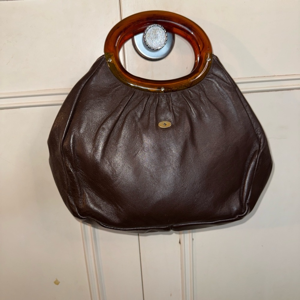 Elegant Brown Leather Handbag with lucite  Handle
